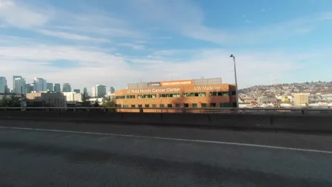 Driving on I-5 looking at the Seattle Space Needle Stock Footage 256267160