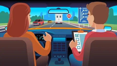Driving instructor sits in car next to novice female driver. Man and woman Stock Illustration
