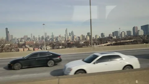 Driving Interstate Greyhound Winter Time Chicago Illinois Gary  Skyline Видео 230998094