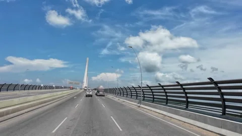 Driving Onto Large Cable Stayed Bridge with Traffic 库存影片 341368926