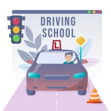 Driving lesson. People studying in driving school and passing exams. Traffi.. Illustrazione stock