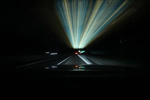 Driving light streaks warp speed hyper space in car Stock Illustration