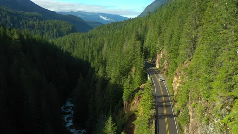 Driving on the Mt. Baker Highway with the Nooksack River below in the Valley. Stock Footage 142090440