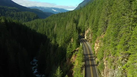 Driving on the Mt. Baker Highway with the Nooksack River below in the Valley. Stock Footage 142093015