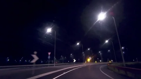 Driving at night on the road with dirty windshield Stock Footage 83599875
