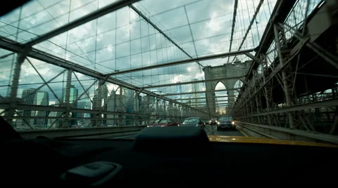 Driving Over Brooklyn Bridge Rear Window of Taxi Cab New York City Manhattan Stock Footage 40446955