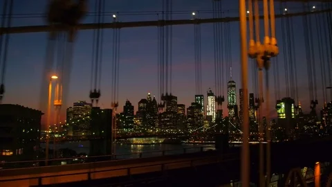 Driving over Manhattan Bridge overlooking Brooklyn Bridge and Manhattan downtown Stock Footage 72289342