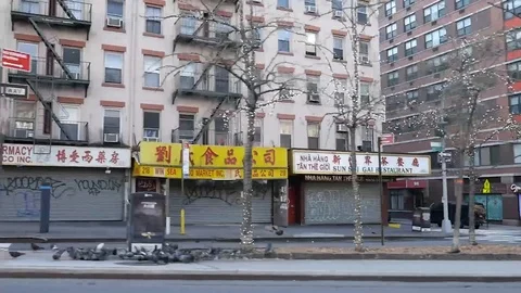 Driving Past Closed Empty NYC Chinatown Businesses During Coronavirus Lockdown Stock Footage 127328839