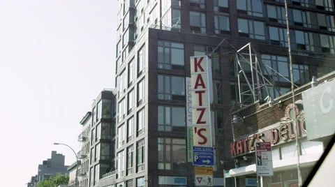 Driving past famous Katz's Deli sign on Houston St in LES, 4K, NYC Stock Footage 52065250