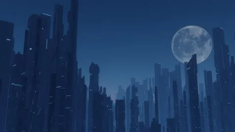 Driving past Futuristic cityscape travel at night with full moon seamless loop. Stock Footage