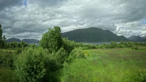 Driving past green coastal fields and fjord mountain landscape in Andoya Norway Stock-Footage 343380147
