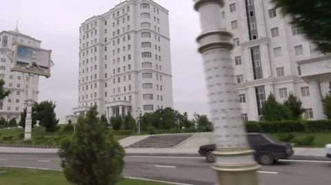 Driving past white marble buildings in Ashgabat, Turkmenistan Stock Footage