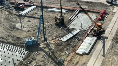 Driving pile preparation on construction site. Timelapse Stock Footage 139408585
