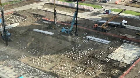 Driving pile preparation on construction site. Timelapse Stock Footage 139836095