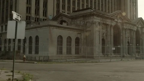 Driving plate: abandoned Detroit Station, rear view 1 Stock Footage