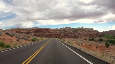 Driving Plate Front Facing American Utah West Highway. Drive to Capitol Reef Stock Footage 258475878