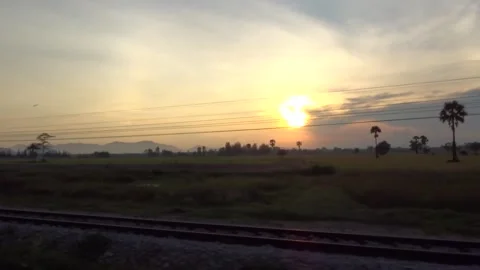 Driving Plate For Green Screen: Train Window View, Sunset, Evening, Palm Tr.. Vidéo 250020843