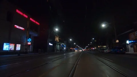 Driving plate POV low angle Toronto dark city streets at night downtown urban Stock Footage 122027667