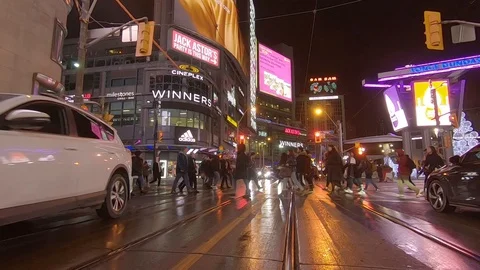 Driving plate POV low angle Toronto dark city streets at night downtown urban Stock Footage 122032245
