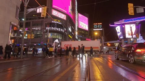 Driving plate POV low angle Toronto dark city streets at night downtown urban Stock Footage 122032298