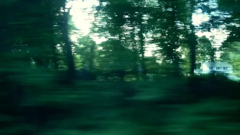 Driving Plate: Train Window view of trees, houses, roads passing at 50 mph 스톡 동영상 133848921