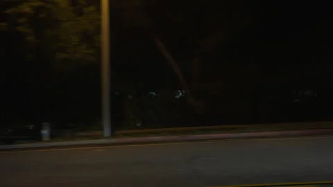 Driving plate tree lined industrial area at night Stockbeeldmateriaal 300133719