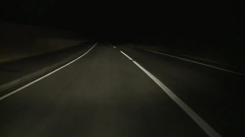 Driving POV night dashed white lines Видео 23903670