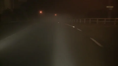 Driving POV night, fog,white dashed lines Stock Footage 24158378
