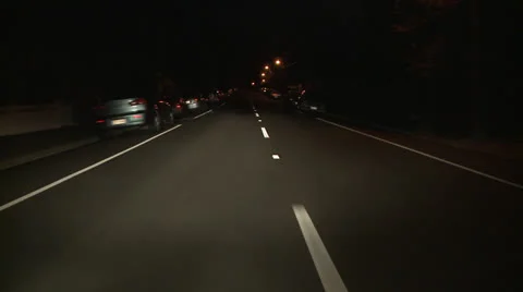 Driving POV night white lines suburban Video stock 23918547