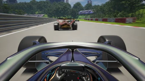 Driving a quick formula vehicle to win a motorsport virtual game challenge Stock Footage 311998063