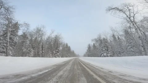 Driving quickly along a single lane snow covered park road  Stock Footage 295661856