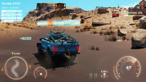 Driving the racing car at a desert map in a console gaming digital simulator Stock Footage 309712378