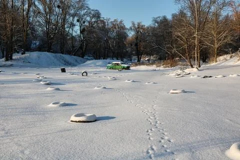 The driving range is covered in snow Stock Photos