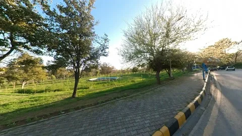 Driving on a Road, Trees and footpath aside in a bright sunny day Stock Footage 172492127