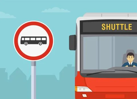 Driving rules and tips. Close-up front view of a red shuttle bus and "no buses" Stock Illustration