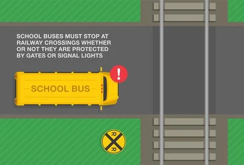 Driving rules. Top view of a yellow school bus stopped at level crossing. 스톡 일러스트