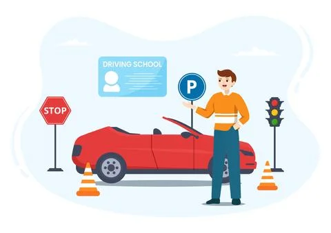 Driving School with Education Process of Car Training and Learning to Drive.. Stock Illustration