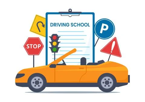 Driving School with Education Process of Car Training and Learning to Drive.. Stock Illustration
