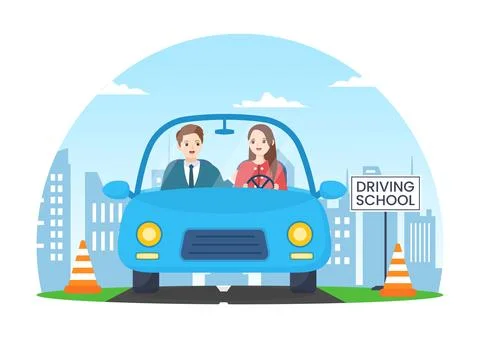 Driving School with Education Process of Car Training and Learning to Drive.. Stock Illustration