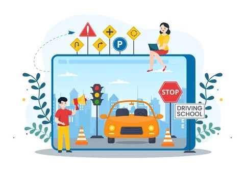 Driving School with Education Process of Car Training and Learning to Drive.. Stock Illustration