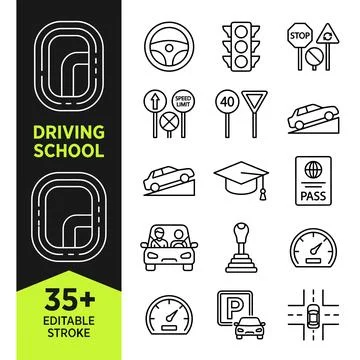 Driving school icons set with steering wheel, traffic lights, stop sign, sp.. Stock Illustration