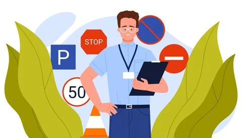 Driving School Instructor With Road Signs Stock Illustration