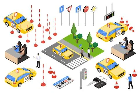 Driving School Isometric Elements Illustrazione stock