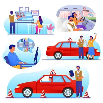 Driving school set, flat vector isolated illustration. Driver education with Illustrazione stock