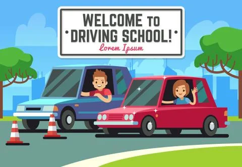 Driving school vector background with young happy driver in cars on road Ilustração Stock