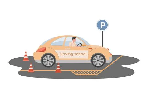 Driving school vector flat illustration. Man driving car and preparing for Stock Illustration