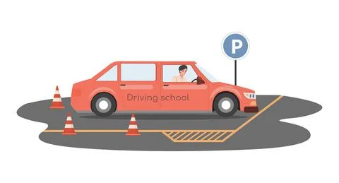 Driving school vector flat illustration. Man driving car and preparing for Stock Illustration