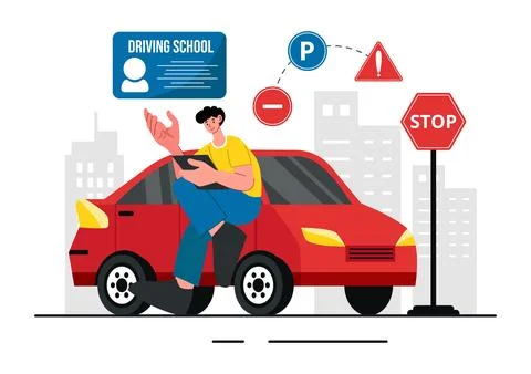 Driving School Vector Illustration Featuring the Educational Process of Car.. Illustrazione stock