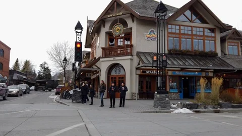 Driving by the shops on Banff Ave in Banff, Alberta Stock Footage 119982287