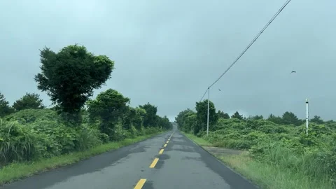 Driving shot down an open road in Jeju-do Island in South Korea, overcast day Stock Footage 254697596